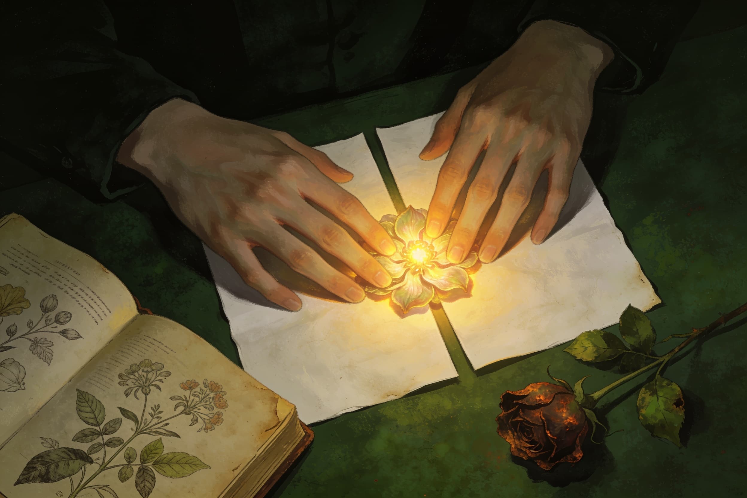 A botanist's hands pressing a glowing impossible flower between sheets of paper by lamplight