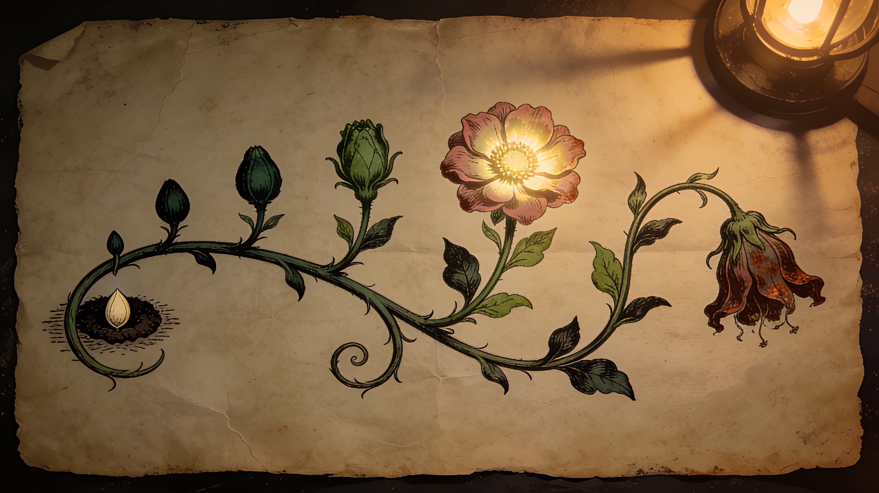 Illustrated six-stage growth cycle of an impossible flower, from buried seed to full bloom to wilting decay